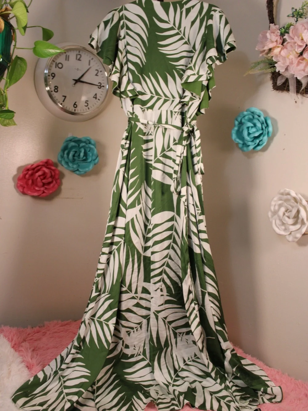Ruche Green and White Palm-Print Wrap Maxi Dress - Picture 5 of 8